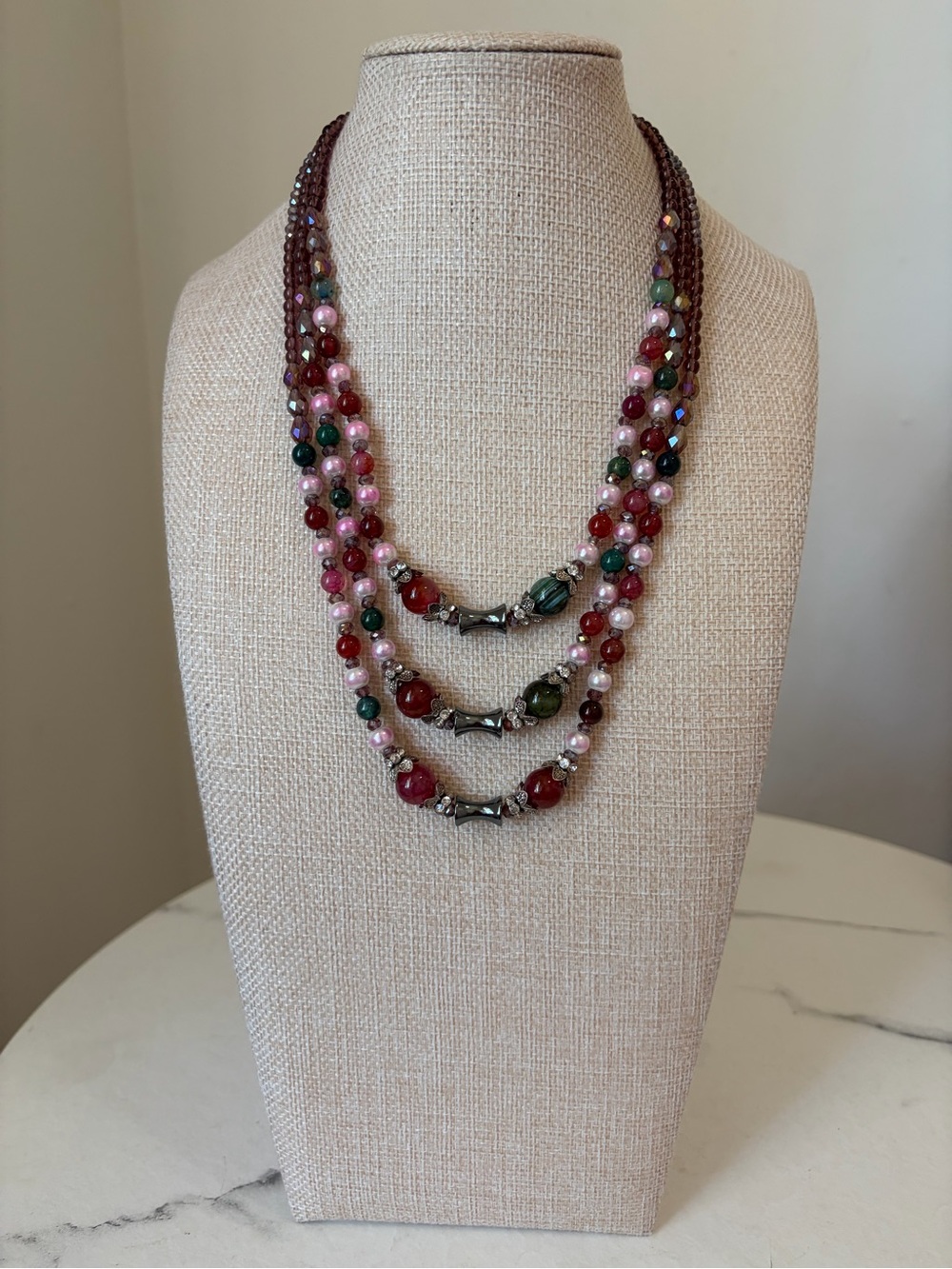 Three Strand Gemstone and Crystal Necklace